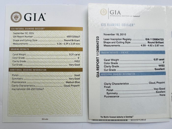 Ingen mindstepris - 2 pcs Diamant  (Natur)  - 0.68 ct - Rund - E, F - VVS2 - Gemological Institute of America (GIA) - *Par* *EX VG*