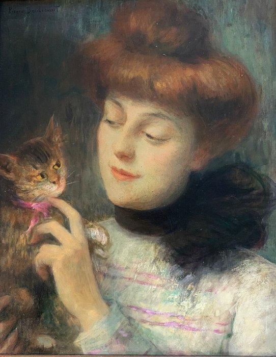 French School (XIX-XX) - Young woman playing with her cat