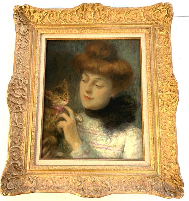 French School (XIX-XX) - Young woman playing with her cat