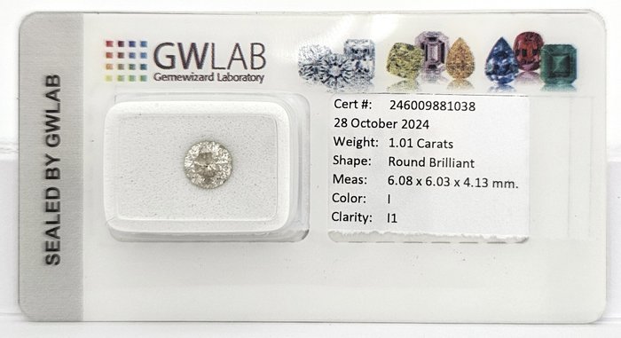 Ingen mindstepris - 1 pcs Diamant  (Natur)  - 1.01 ct - Rund - I - I1 - Gemewizard Gemological Laboratory (GWLab)