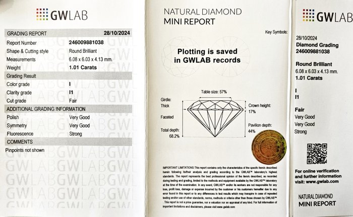 Ingen mindstepris - 1 pcs Diamant  (Natur)  - 1.01 ct - Rund - I - I1 - Gemewizard Gemological Laboratory (GWLab)