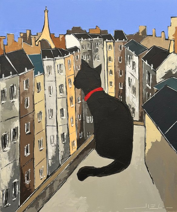 Jiel - Black cat with red collar overlooking Paris - No reserve