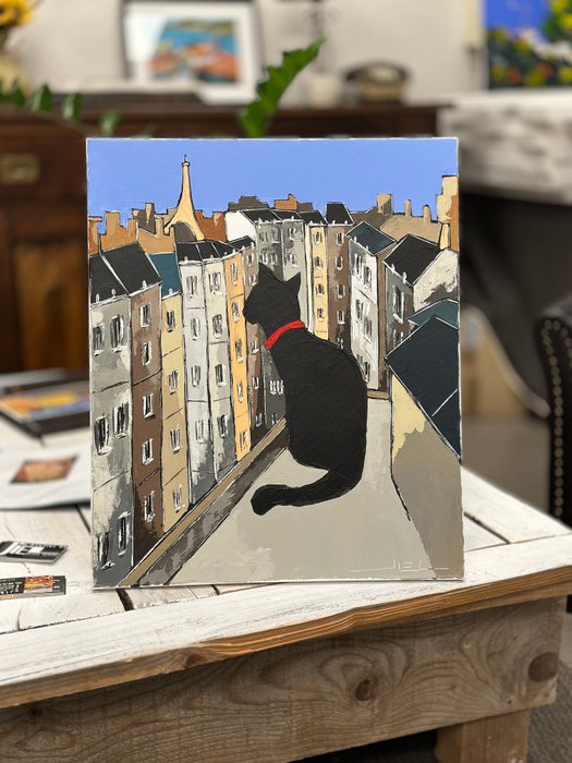 Jiel - Black cat with red collar overlooking Paris - No reserve