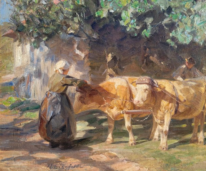 Hermann Eissfeldt (1875-1929) - Farm Scene with Team of Cows