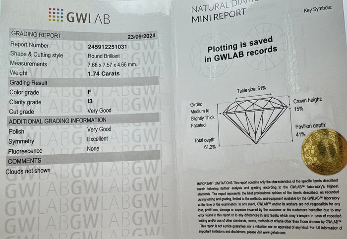 Ingen mindstepris - 1 pcs Diamant  (Natur)  - 1.74 ct - Rund - F - I3 - Gemewizard Gemological Laboratory (GWLab)