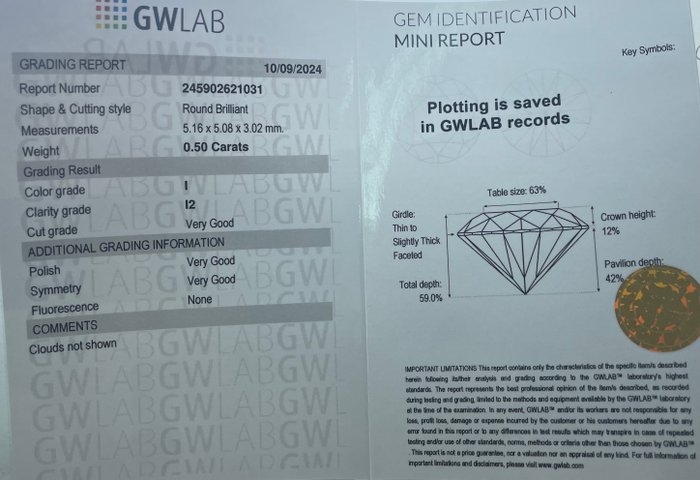 Ingen mindstepris - 1 pcs Diamant  (Natur)  - 050 ct - Rund - I - I2 - Gemewizard Gemological Laboratory (GWLab)