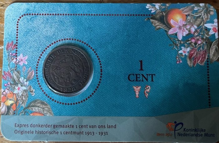 Holland. 1 Cent 1928 coincard  (Ingen mindstepris)