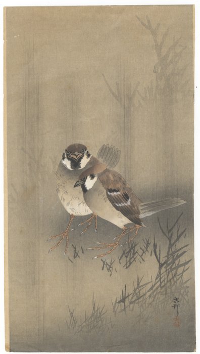 'Two Sparrows in a Rain Shower' - Koson Ohara (1877-1945) - Japan