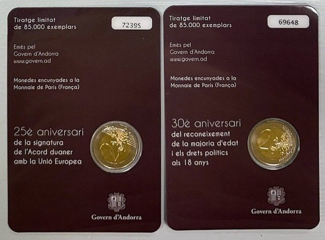 Andorra. 2 Euro 2015 "Accords douaniers" + "Majorité à 18 ans" (2 monnaies)  (Ingen mindstepris)