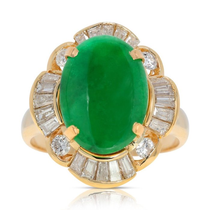 Ring - 14 karat Gulguld -  4.03ct. tw. Jade - Diamant