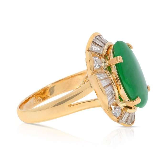 Ring - 14 karat Gulguld -  4.03ct. tw. Jade - Diamant