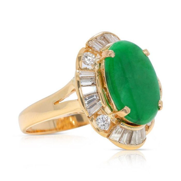 Ring - 14 karat Gulguld -  4.03ct. tw. Jade - Diamant