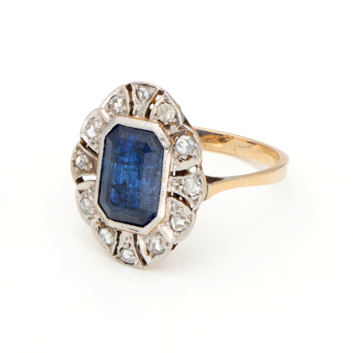 Ingen mindstepris - Ring - 18 kraat Gulguld, Hvidguld Diamant (Natur)  - Safir