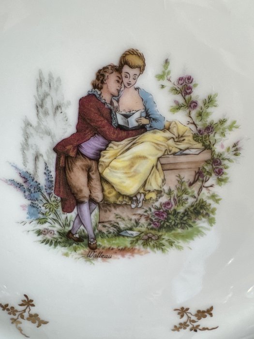 Chadelaud Limoges - Bordservice (59) - Fragonard - fra "Watteau" - "Romantiske scener" - Guld Porcelæn - Service guldkant