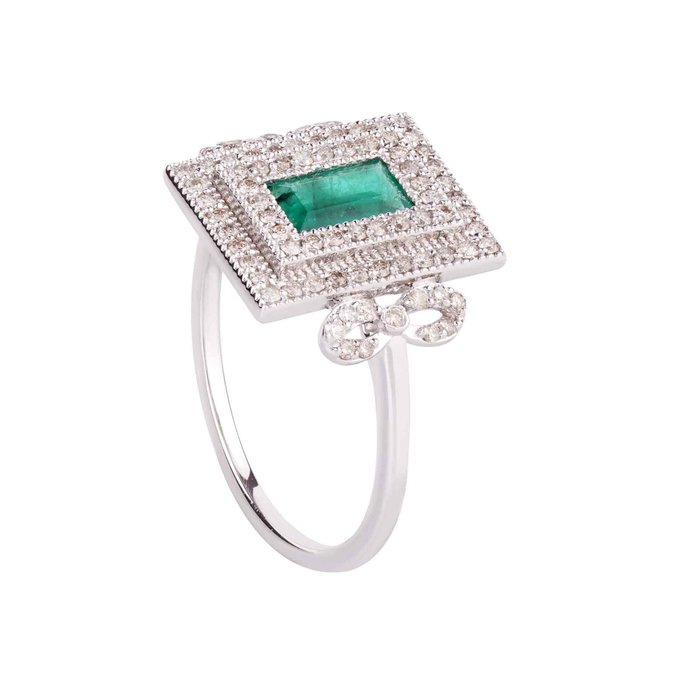 Ring - 14 karat Hvidguld -  079ct tw Smaragd - Diamant