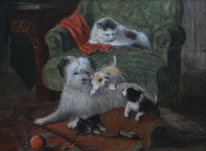 Henriëtte Ronner-Knip (1821-1909) - Olieverf op op doek paneel