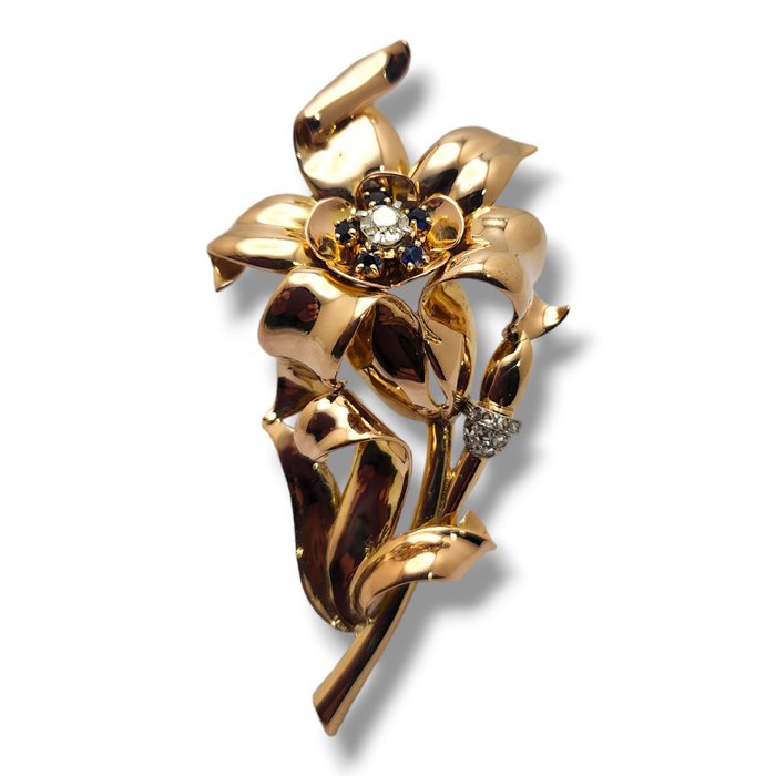 Broche - 18 kraat Gulguld, Vintage 18 karat guld safir  0,5 karat diamant stor broche 25,9 gram