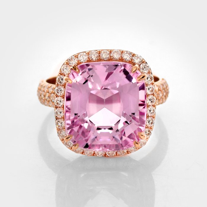 Ingen mindstepris - Ring - 14 karat Rosaguld -  13.63ct. tw. Kunzit - Diamant - IGI 12,79 ct Pink