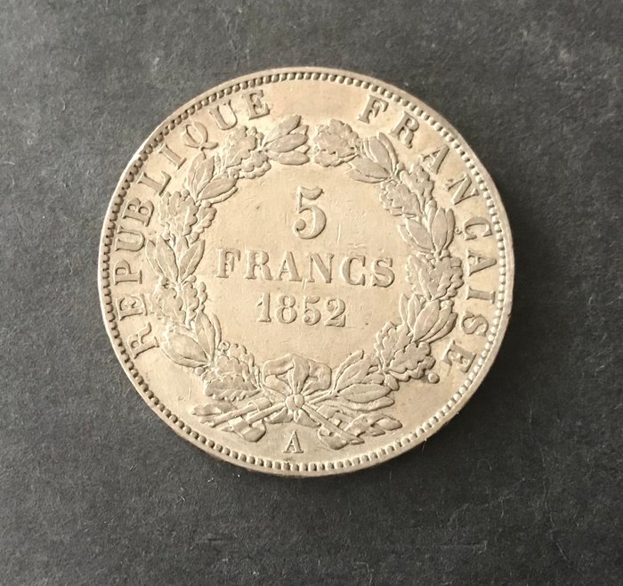 Frankrig. IIe République (1848-1852). 5 Francs 1852-A Louis-Napoleon Bonaparte (Type 2)  (Ingen mindstepris)