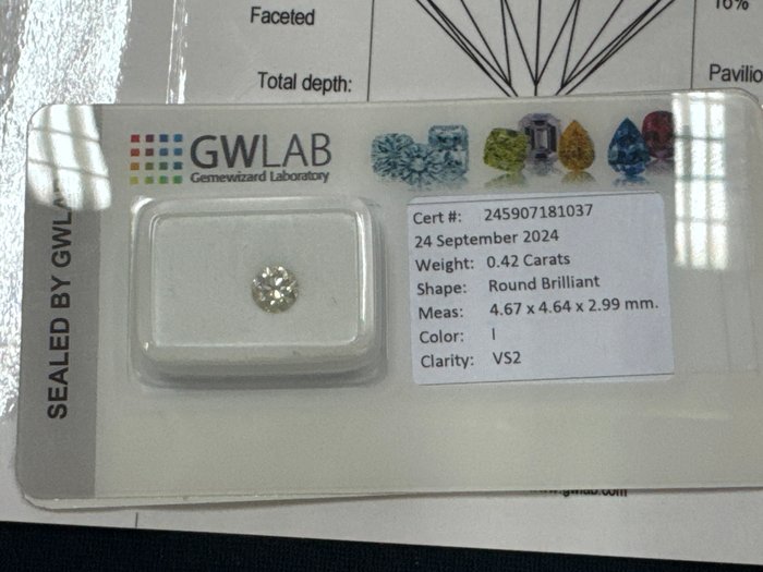 Ingen mindstepris - 1 pcs Diamant  (Natur)  - 0.42 ct - Rund - I - VS2 - Gemewizard Gemological Laboratory (GWLab)