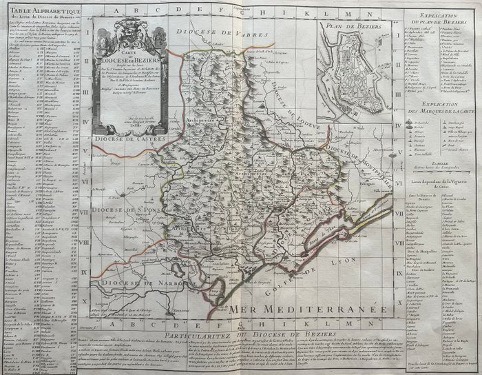 Frankrig - Regionen fra Béziers til Montpellier - Pézenas - Cap d'Agde; Delisle Guillaume - Carte du Diocèse de Béziers - 1701-1720