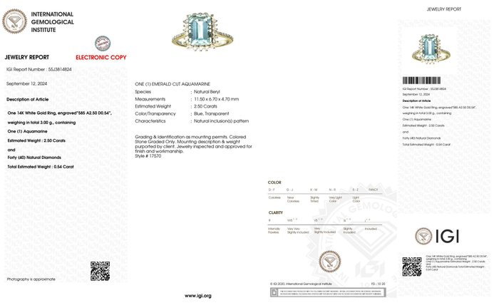 Ingen mindstepris - Ring - 14 karat Hvidguld -  3.04ct. tw. Akvamarin - Diamant - IGI 2,50 ct blå