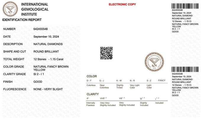 Ingen mindstepris - 12 pcs Diamant  (Naturfarvet)  - 1.15 ct - Rund - Fancy Brun Gul - I1, SI2 - International Gemological Institute (IGI)