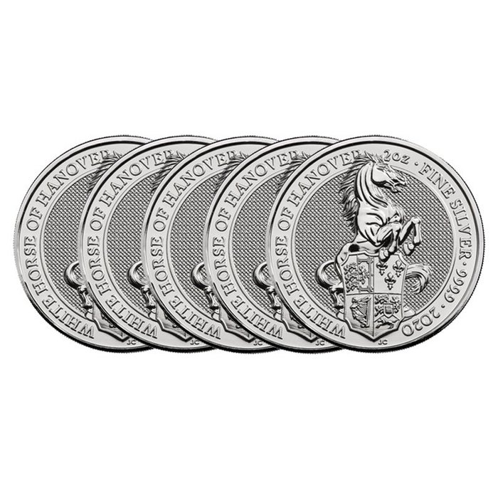 Storbritannien. 5 x 2 oz 2020 £5 GBP UK Silver Queen's Beasts White Horse of Hanover Coin BU