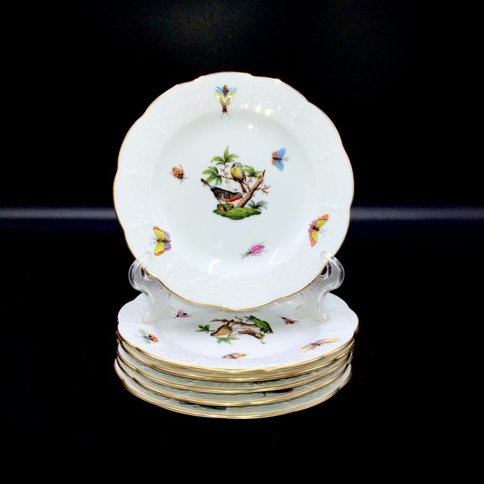 Herend, Hungary - Exquisite Set of 6 Plates - "Rothschild Bird" Pattern - Tallerken - Håndmalet porcelæn