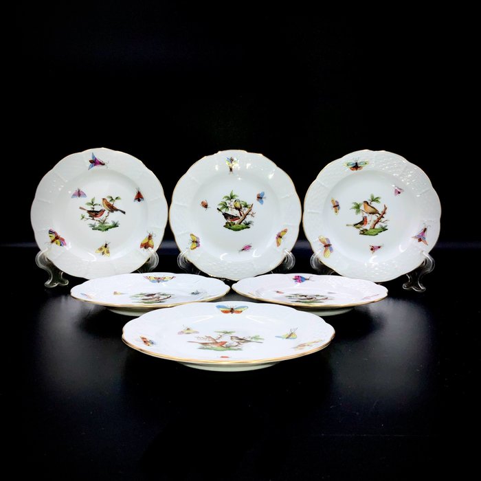 Herend, Hungary - Exquisite Set of 6 Plates - "Rothschild Bird" Pattern - Tallerken - Håndmalet porcelæn