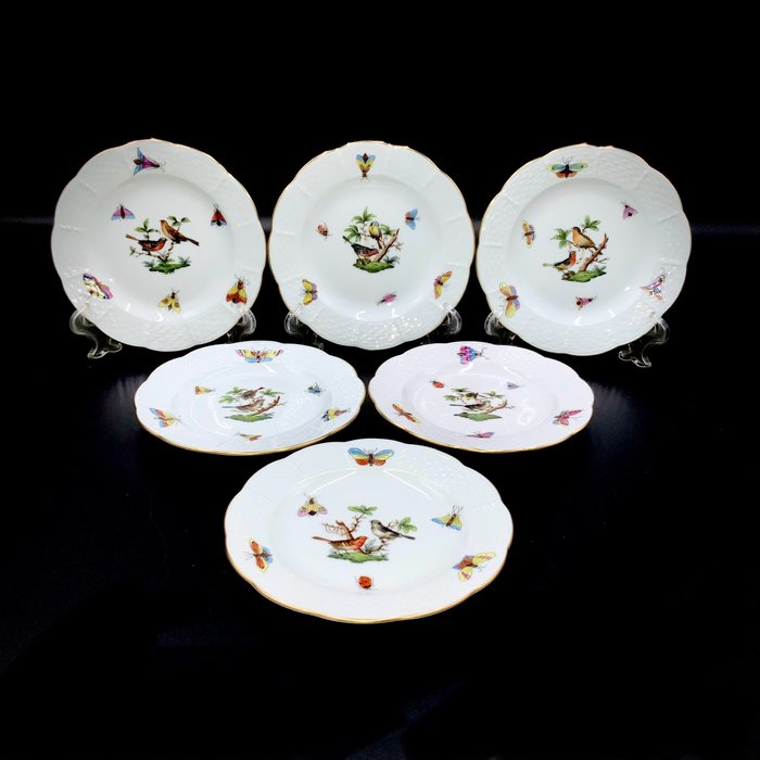 Herend, Hungary - Exquisite Set of 6 Plates - "Rothschild Bird" Pattern - Tallerken - Håndmalet porcelæn