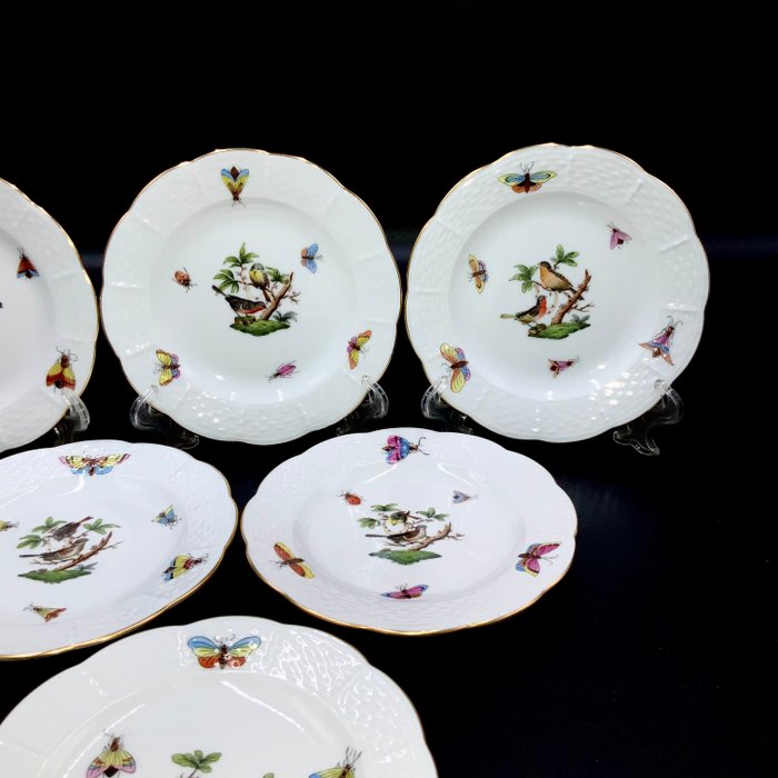 Herend, Hungary - Exquisite Set of 6 Plates - "Rothschild Bird" Pattern - Tallerken - Håndmalet porcelæn