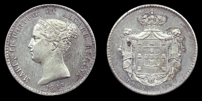 Portugal. D. Maria II (1834-1853). 1000 Reis 1845 - Escassa