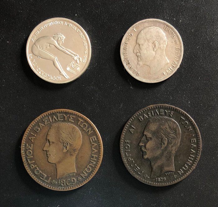 Bulgarien, Grækenland. A Lot of 4x Collectible Greek-Bulgarian Coins, including Silver 100 silver Drachmai 1981 , 10 Lepta 1878K , 1869BB, 1 silver Lev 1912  (Ingen mindstepris)