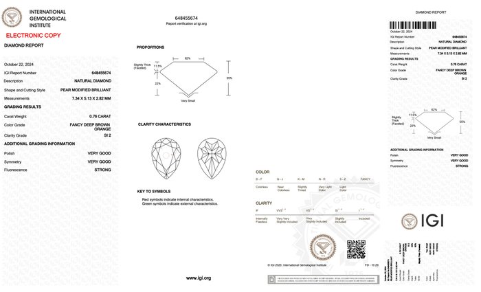 Ingen mindstepris - 1 pcs Diamant  (Naturfarvet)  - 0.76 ct - Pære - Fancy deep Brun Orange - SI2 - International Gemological Institute (IGI)