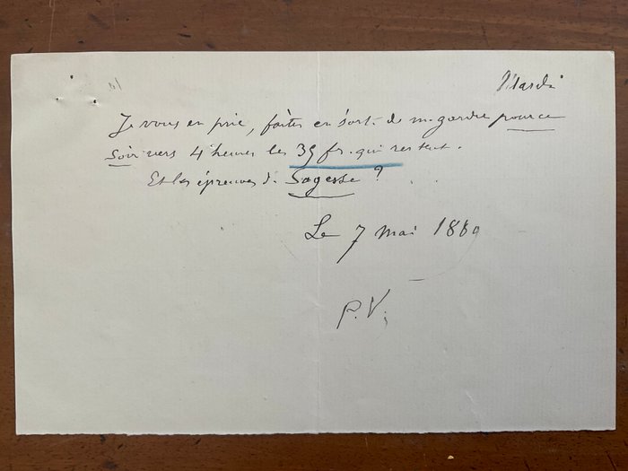 Paul Verlaine - Lettre autographe signèe de ses initiales [à son éditeur Vanier]. 7 mai 1889. 3/4 p. In-12 oblong. - 1889