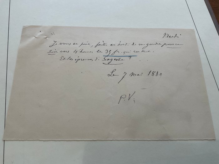 Paul Verlaine - Lettre autographe signèe de ses initiales [à son éditeur Vanier]. 7 mai 1889. 3/4 p. In-12 oblong. - 1889