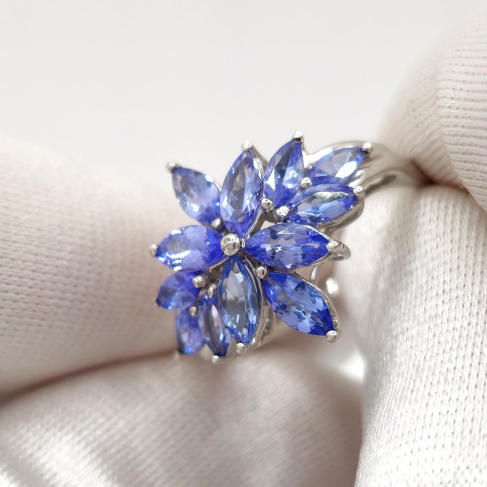 Ingen mindstepris - Cocktailring Sølv, 925 Sterling Sølv -  3.00ct. tw. Tanzanit - Naturlig Tanzanite Cluster