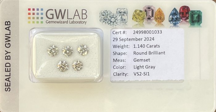 Ingen mindstepris - 5 pcs Diamant  (Natur)  - 1.14 ct - Rund - SI1, VS2 - Gemewizard Gemological Laboratory (GWLab) - Lysegrå