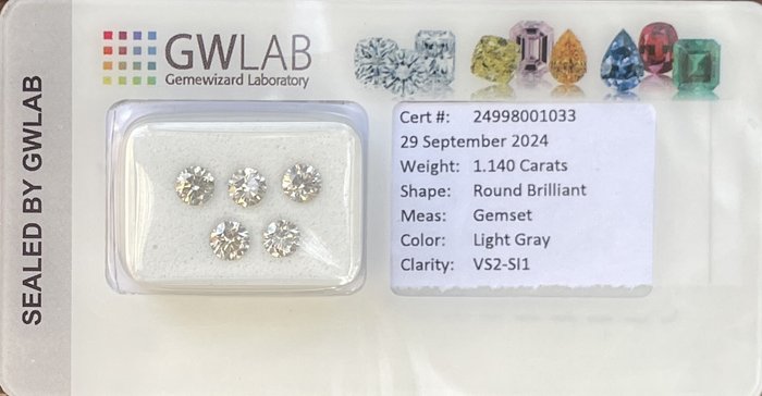 Ingen mindstepris - 5 pcs Diamant  (Natur)  - 1.14 ct - Rund - SI1, VS2 - Gemewizard Gemological Laboratory (GWLab) - Lysegrå