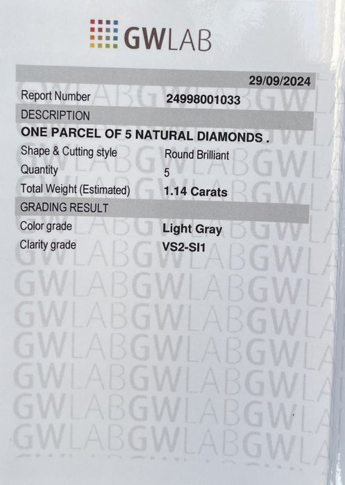 Ingen mindstepris - 5 pcs Diamant  (Natur)  - 1.14 ct - Rund - SI1, VS2 - Gemewizard Gemological Laboratory (GWLab) - Lysegrå