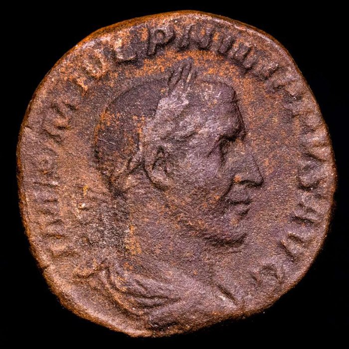 Romarriket. Philip I (AD 244-249). Sestertius 244-249 A.D. - LAET FVNDATA Laetitia standing left, holding wreath and rudder; S - C in fields.  (Ingen mindstepris)