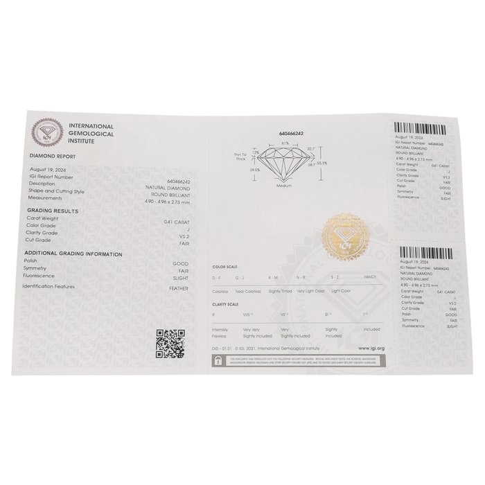 Ingen mindstepris - 1 pcs Diamant  (Natur)  - 0.41 ct - Rund - J - VS2 - International Gemological Institute (IGI)