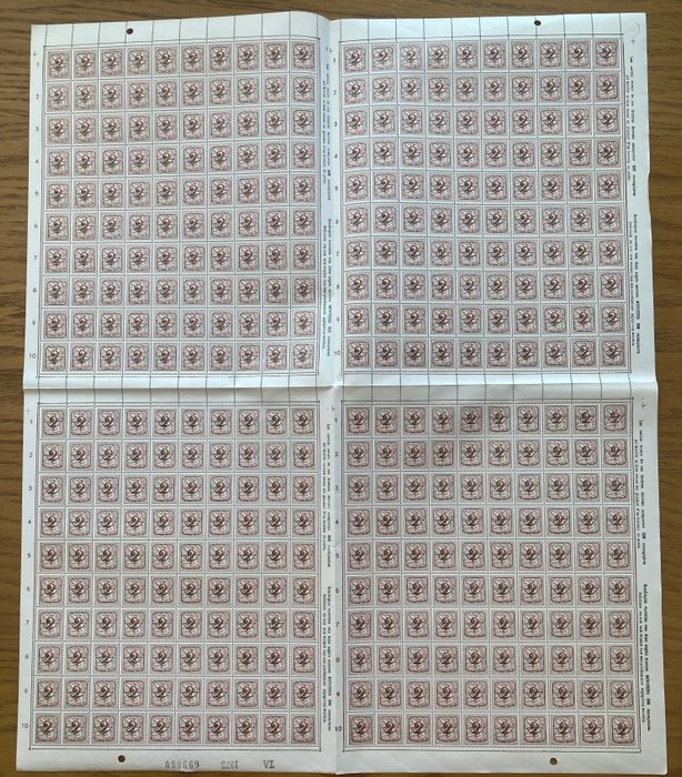 Belgien 1957/1975 - Nummer på heraldisk løve PREO: 2c brun - 3c lilla i ark med 4 x 100 - OBP/COB PRE780P2 + 781P1