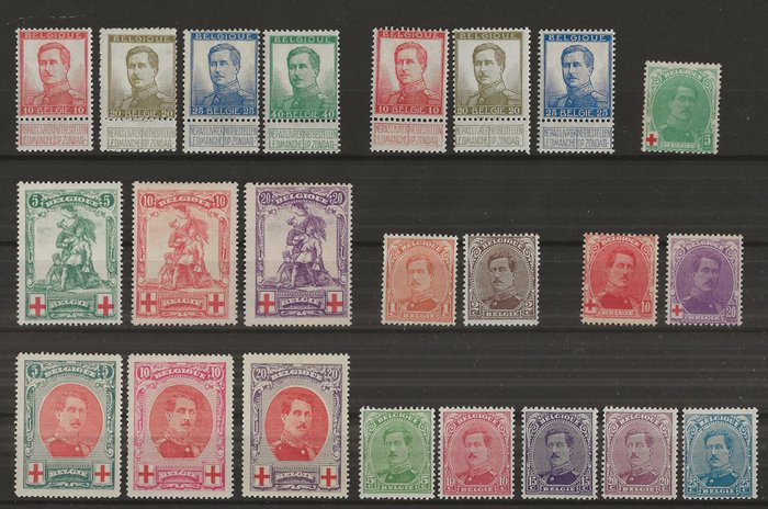 Belgien 1894/1919 - hel og delvis serie med Caritas, Mérode, Albert I, Helm - OBP/COB tussen 68 en 178