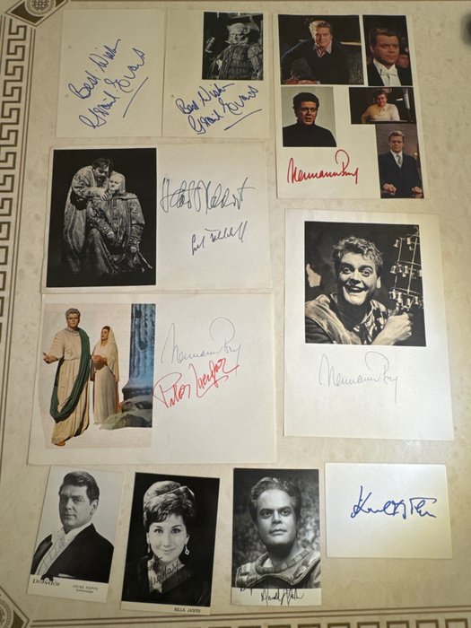 Hermann Prey, Karl Böhm, Jasper Bella, Gerd Feldhoff, Geraint Evans, Donald Grobe, Heinz Hoppe, - 10 Signierte Karten u Photos, originale Autographen, - 1970