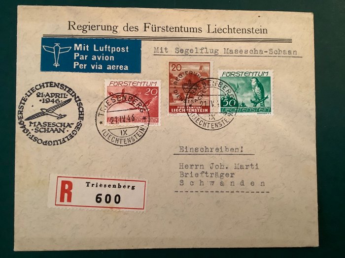 Liechtenstein 1946 - Svævefly fra Masescha til Schaan - Michel