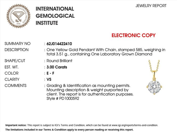 Vedhæng - 14 karat Gulguld -  3.00ct. tw. Diamant (Laboratoriedyrket)