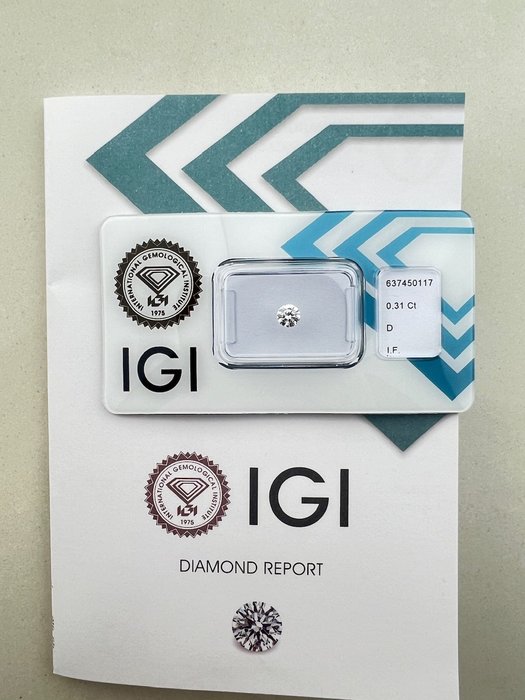 1 pcs Diamant  (Natur)  - 0.31 ct - Rund - D (farveløs) - IF - International Gemological Institute (IGI)