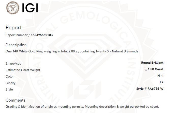 Ring - 14 karat Hvidguld -  1.50ct. tw. Diamant (Natur) - Diamant - Eternity Band